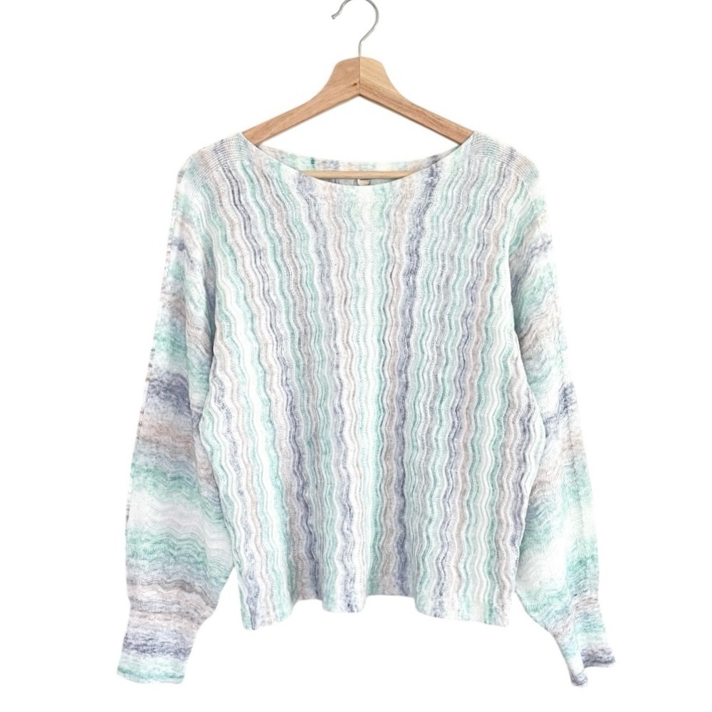 Margaret O’Leary Bella Boatneck Wavy Knit Cotton Blend Sweater Sky Medium